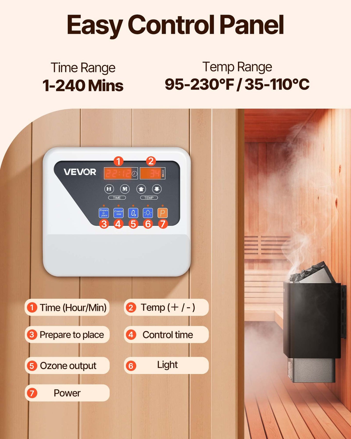 Sauna Heater, 9KW 220V Electric Sauna Stove, Steam Bath Sauna Heater With External Digital Controller, 3h Timer And Adjustable Temp For Max. 317-459 Cubic Feet, Home Hotel Spa Shower Use