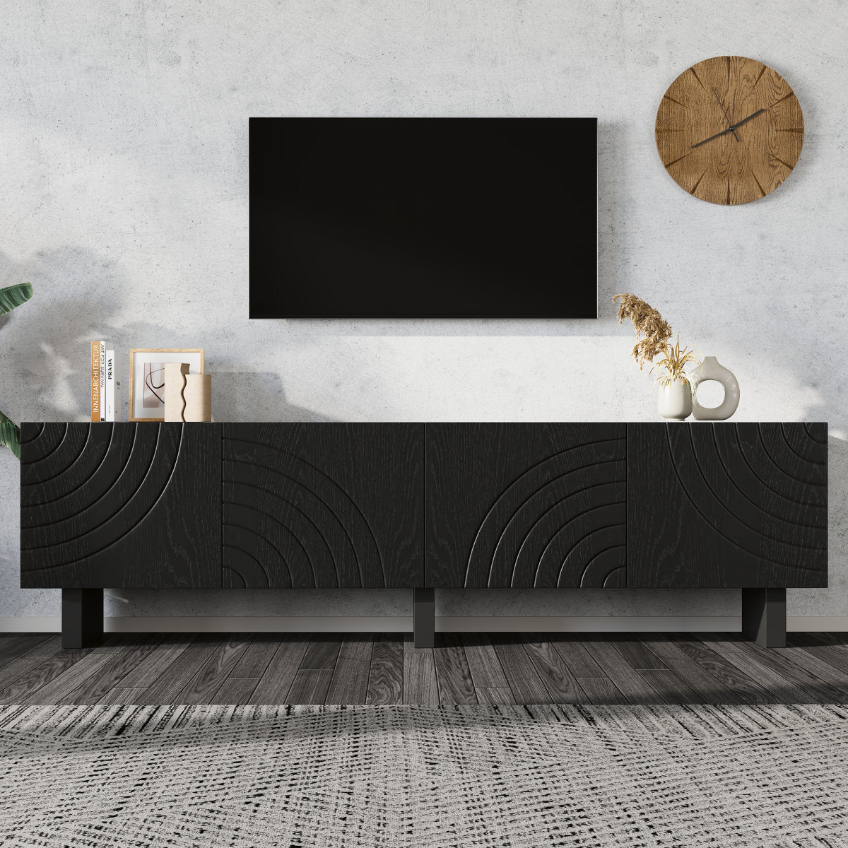 Black TV Stand Made Of Chipboard, Modern Lowboard With Structure For Living Room, TV Cabinet With 4 Doors, TV Mount, Storage Cabinet. Suitable For 75-inch TVs.