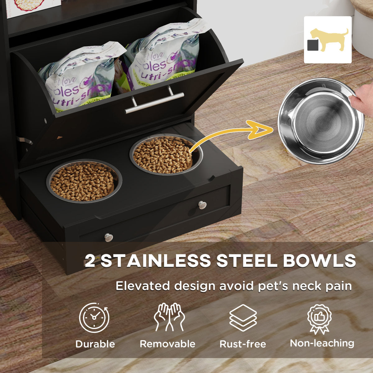 Pet Feeder Station Storage Cabinet, Dog Food Storage Container With Dog Raised Bowls, Watering Supplies, Black