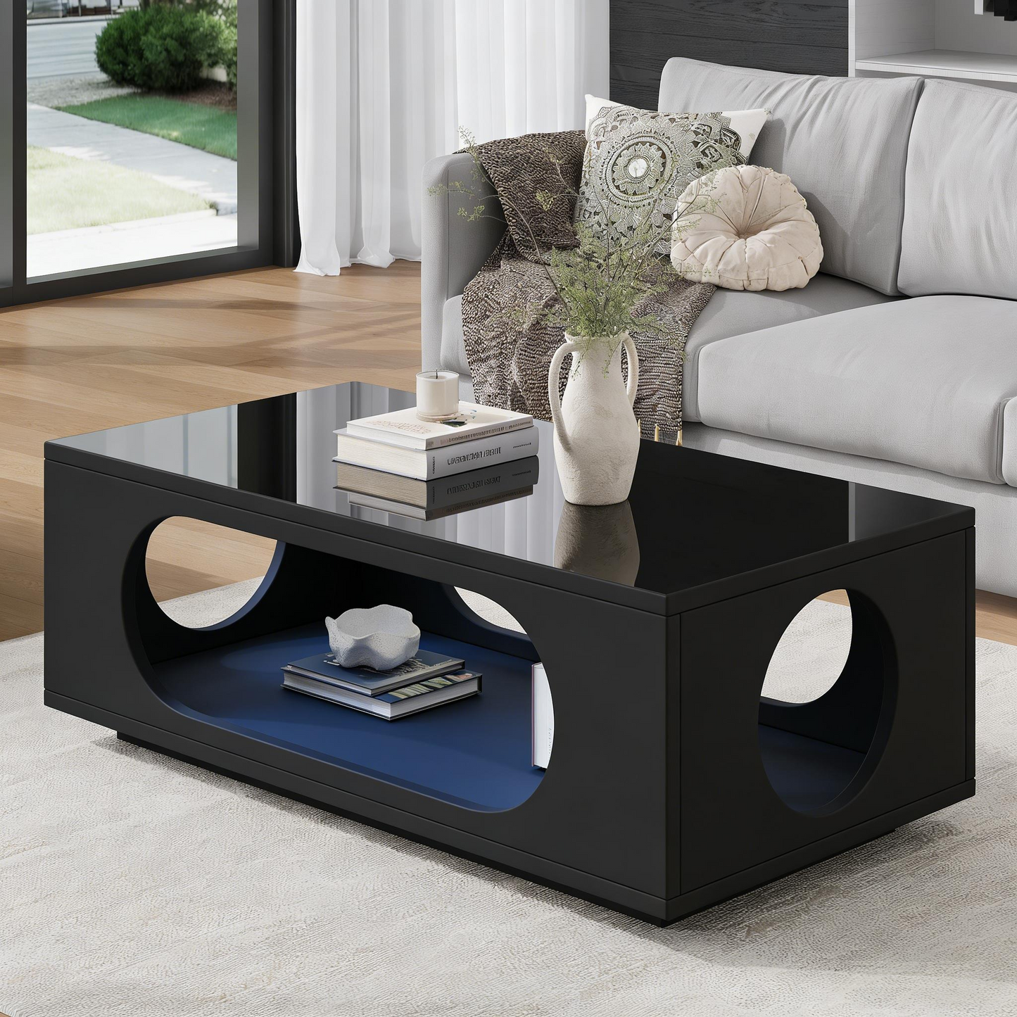 Coffee Table With LED Lighting App Control , 100x50x35cm, MDF Material, 30kg Load Capacity,High Gloss Openwork Coffee Table,Large Storage Side Table,Sofa Table,Black