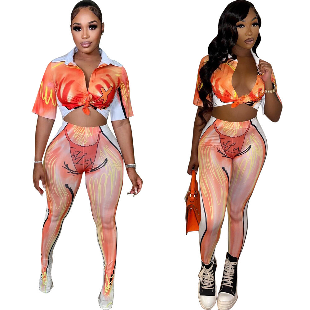 Two-piece Summer Printing Temperament Commute Sweet Beauty