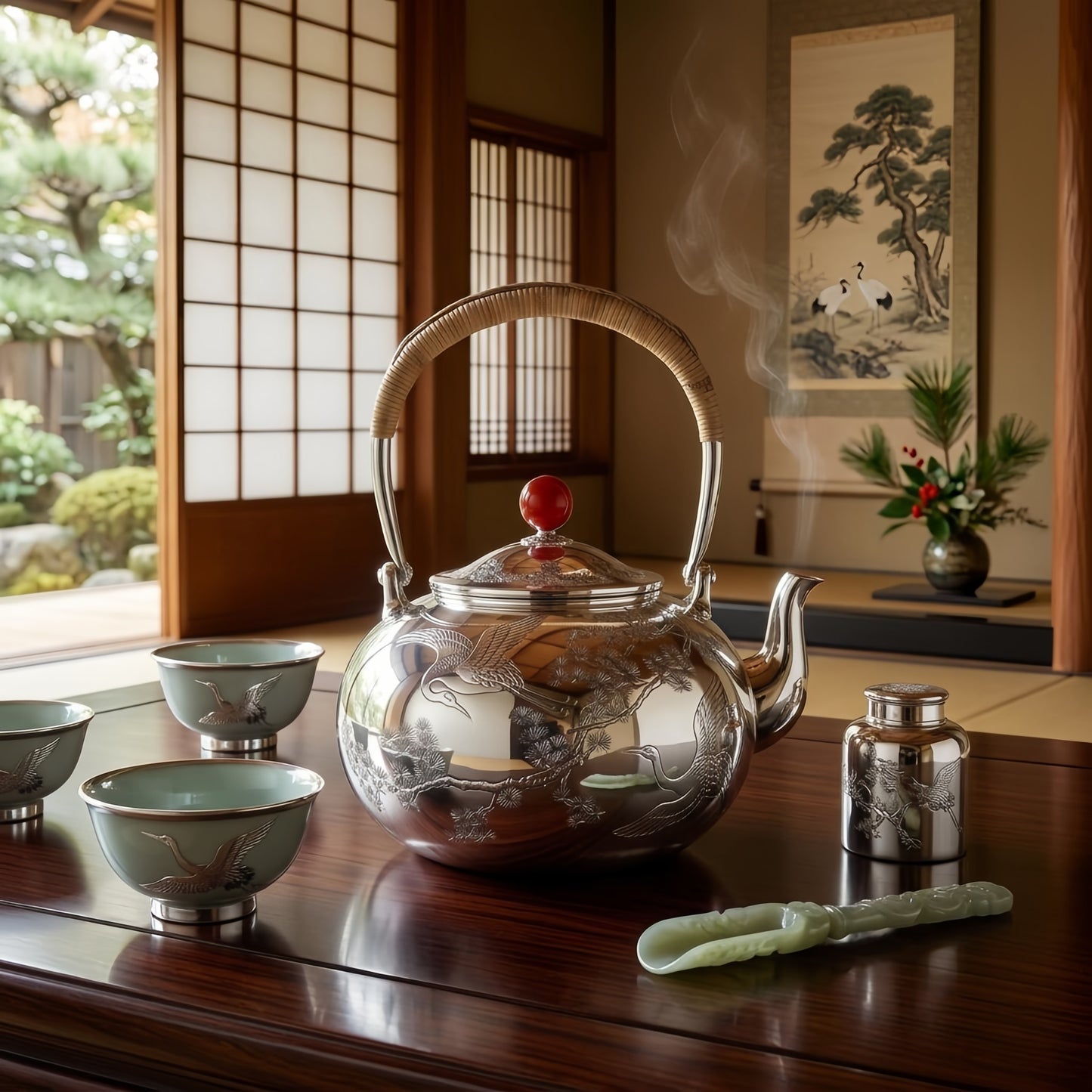 925 Sterling Silver Elegant Silver Tea Kettle Featuring Crane Engravings and Woven Bamboo Handle - Handicraft