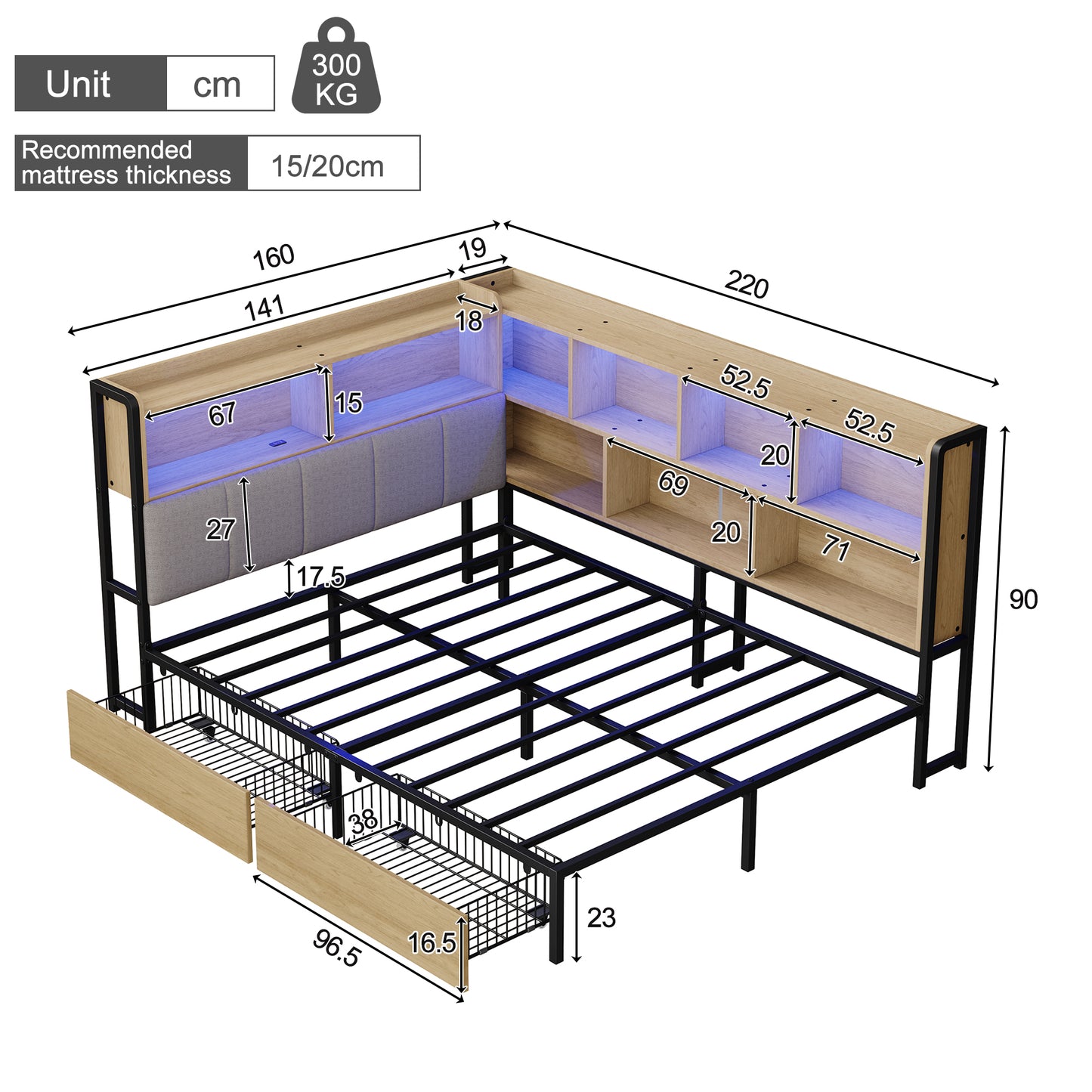 Upholstered Bed Daybed Sofa Bed 140x200 With LED Lighting, USB&Typec Charging Station, Daybed, Youth Bed With 2 Drawers And Metal Slatted Base, Headboard With Storage, Natural Colour