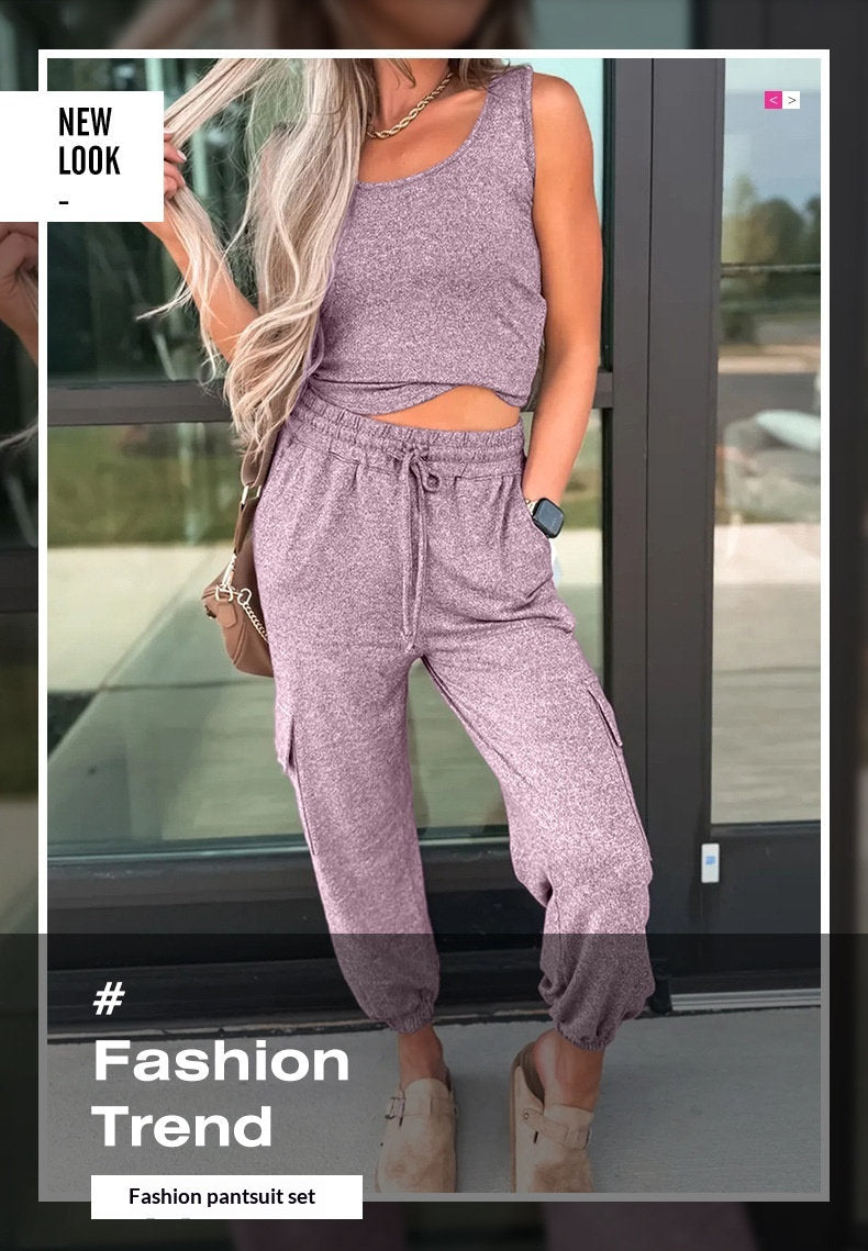 Shiying New Round-neck Solid-color Sleeveless Pants