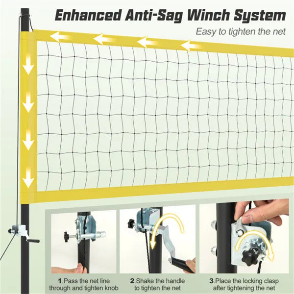 32'x3' Heavy-Duty Volleyball Net Set - 3-Level Adjustable Poles, Anti-Sag Winch, All-Inclusive Accessories-Yellow