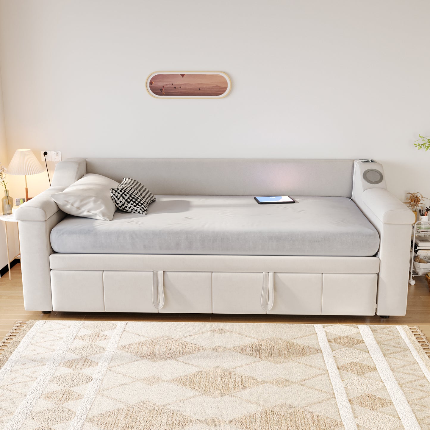 Upholstered Bed Sofa Bed, 90 180x190 Cm, Armrests Wider And Thicker, With Smart Bluetooth Stereo System With USB Charging Port, With Storage Compartments, With Slatted Base, Velvet Fabric, Beige