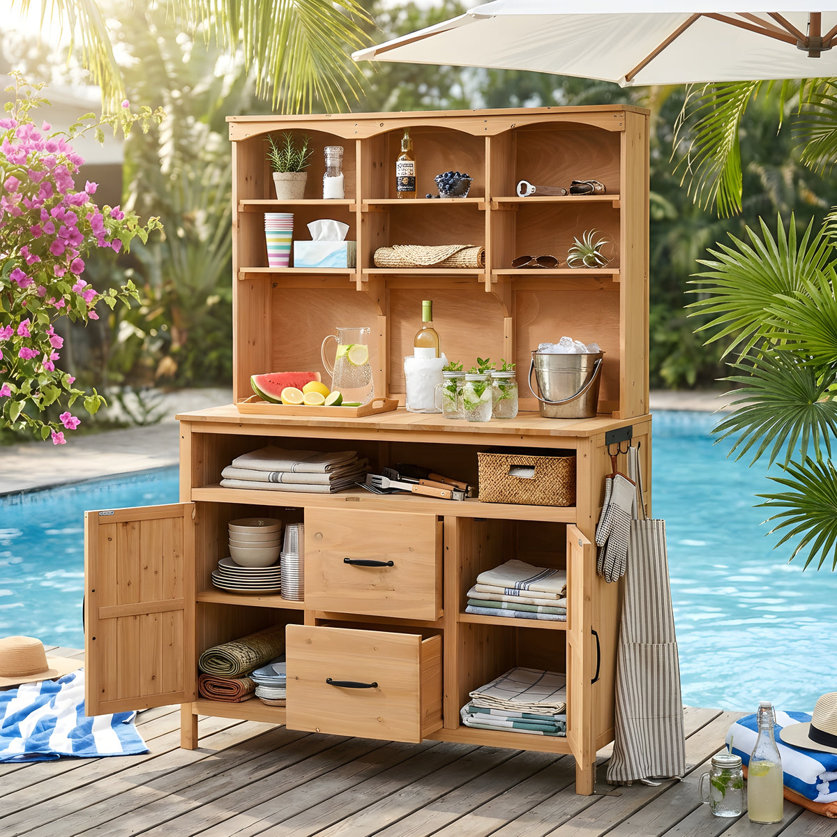 With Assembly Video TOPMAx Large Fir Wood Potting Bench 45.3 L Multi- Functional Outdoor Patio Kitchen Island With Hutch Cabinets Drawers & Hooks Large Countertop For Gardening Grill Natural Wood