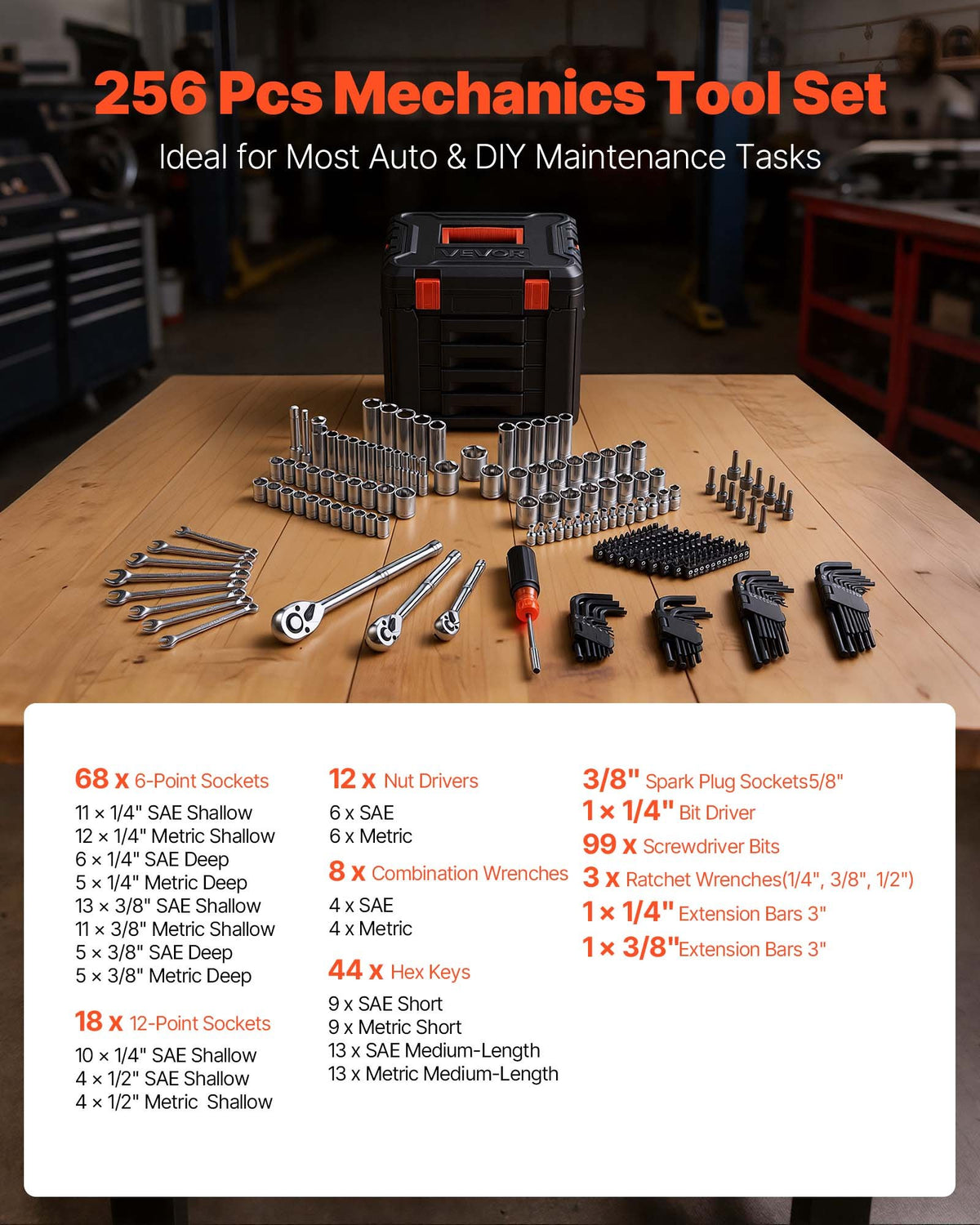 Mechanics Tool Set, 256-Piece Mechanic Tool Kit, 1/4 In, 3/8 In, And 1/2 In Drive, SAE And Metric Socket Set, Wrenches, Screwdriver Bits, Accessories, And Storage Case, For Automotive Repair