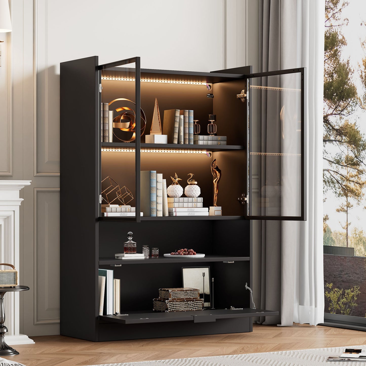 Modern LED Display Cabinet Black Matt Height 120cm With App LED Lighting, Glass Display Cabinet Standing Display Case With Lighting, Living Room Cabinet With Glass Doors And Hinged Door, Chipboard Dis