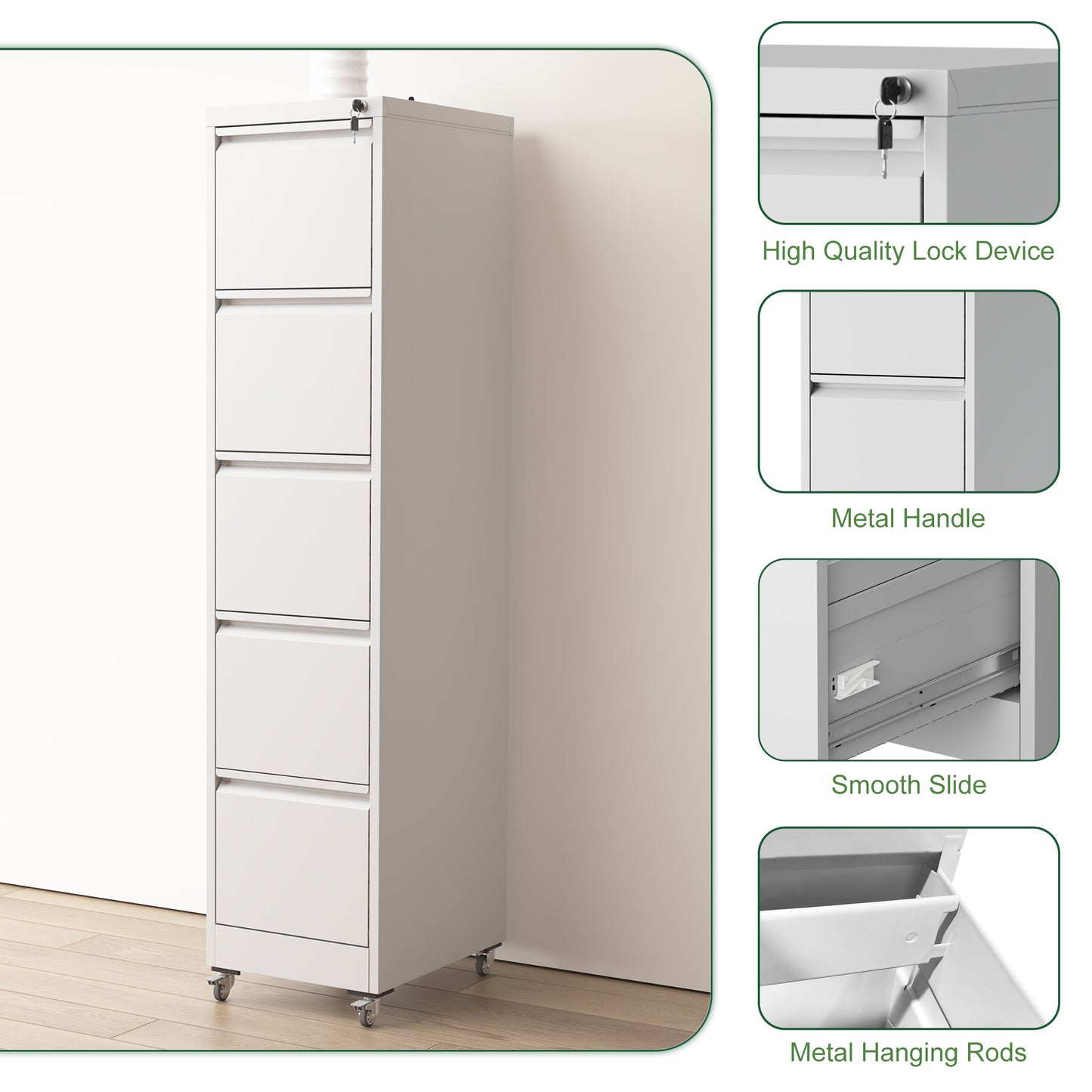 5 Drawer Metal Vertical File Cabinet With Lock On Wheels For Home Office,Heavy Duty Metal Storage Cabinet For A4 Letter Legal Size Files, White, 17.71 Dx15.16 Wx64.17 H