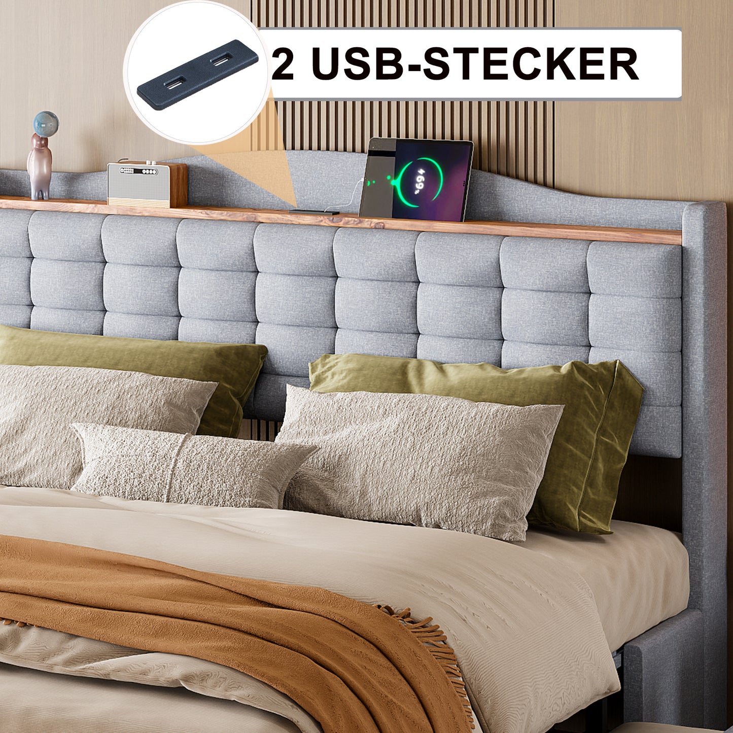 Upholstered Bed 160x200 Cm, Bedside Table With USB Charging Port And Shelf, Double Flat Bed With 4 Drawers, Linen Fabric Grey