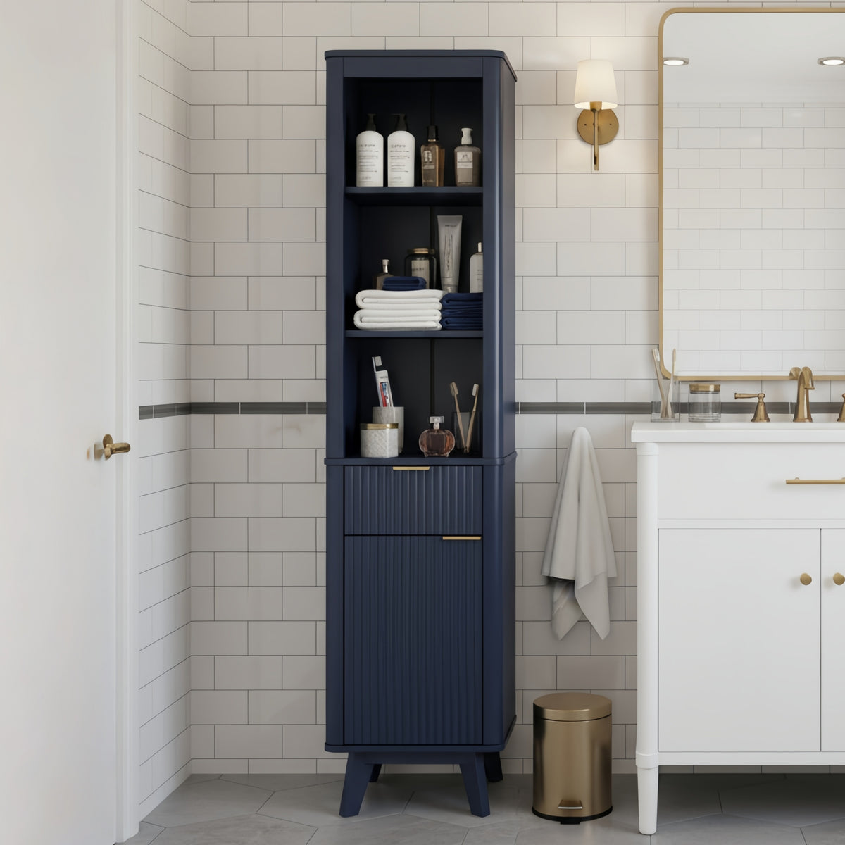 68 H Tall Bathroom Storage Cabinet With Adjustable Shelves And One Drawer & Door, Storage Cabinet For Bathroom, Living Room, Entryway & Kitchen, Blue