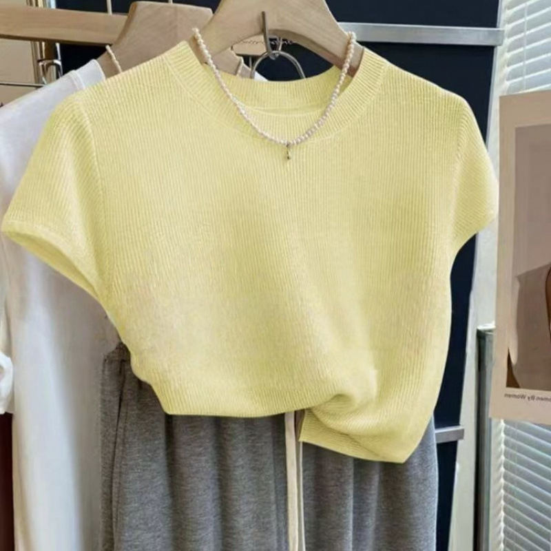 Korean-style Elegant Round-neck Minimalist Knitted Short-sleeve Top For Women