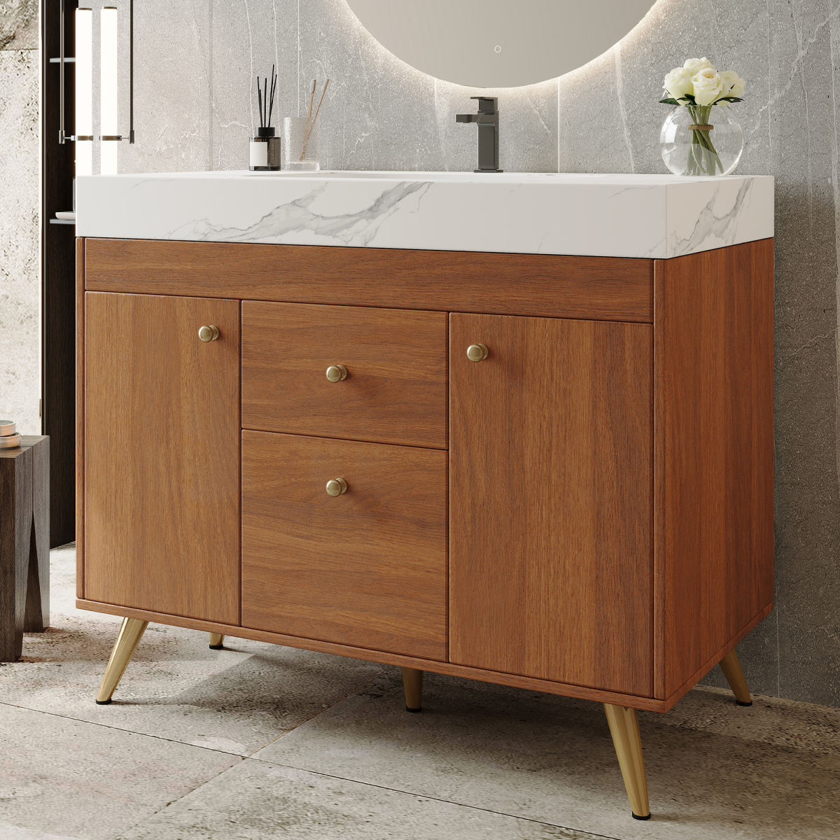 36 Modern Freestanding Bathroom Vanity With Sintered Stone Top, Ceramic Sink & Smart Storage