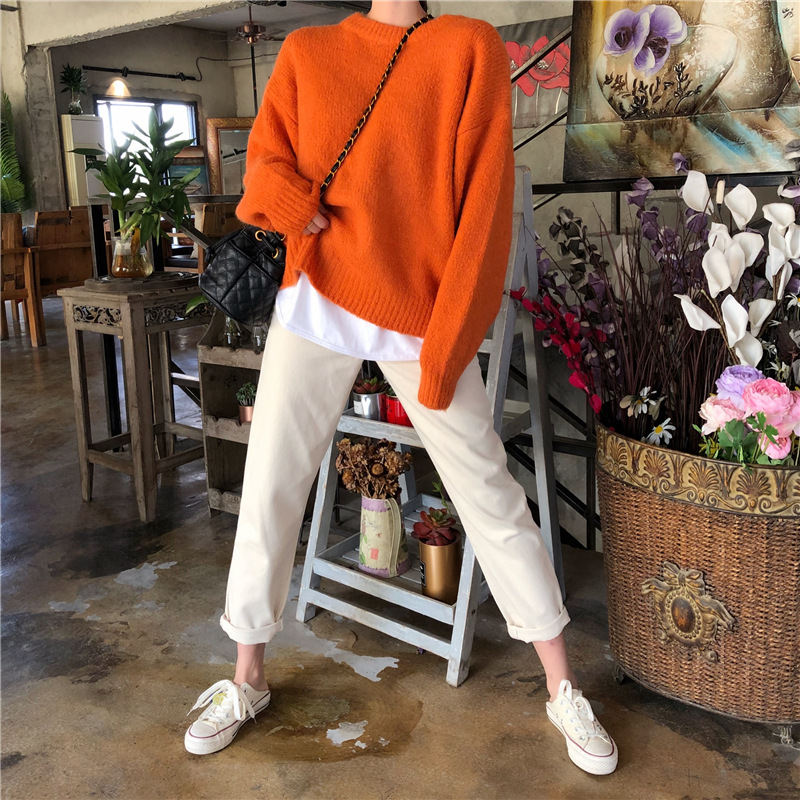 Solid-color Knitted Pullover Sweater For Women Korean Style Autumn Winter