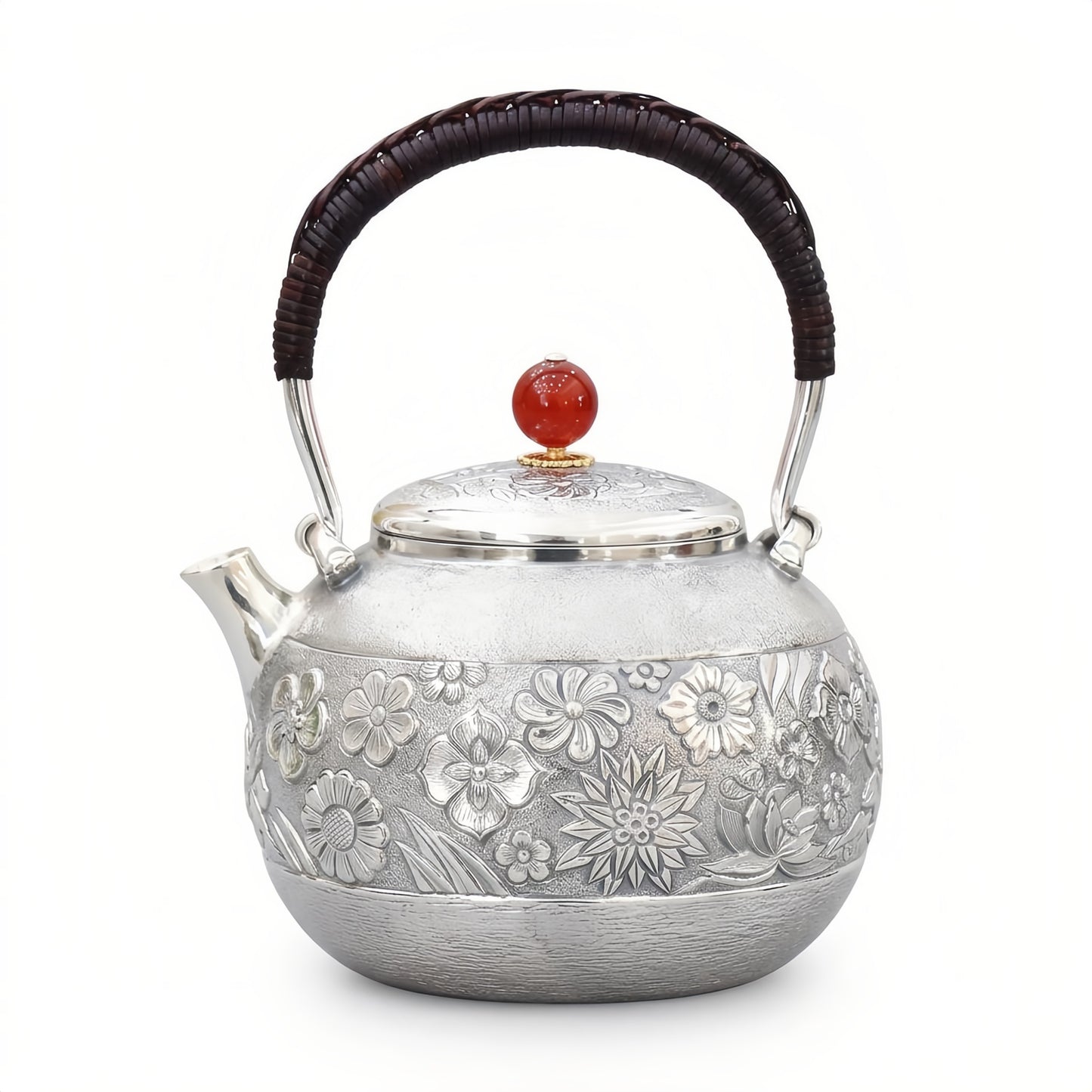 Pure 999 Fine Silver Exquisite Sterling Silver Tea Kettle Featuring Intricate Floral Carvings and Woven Handle - Handicraft