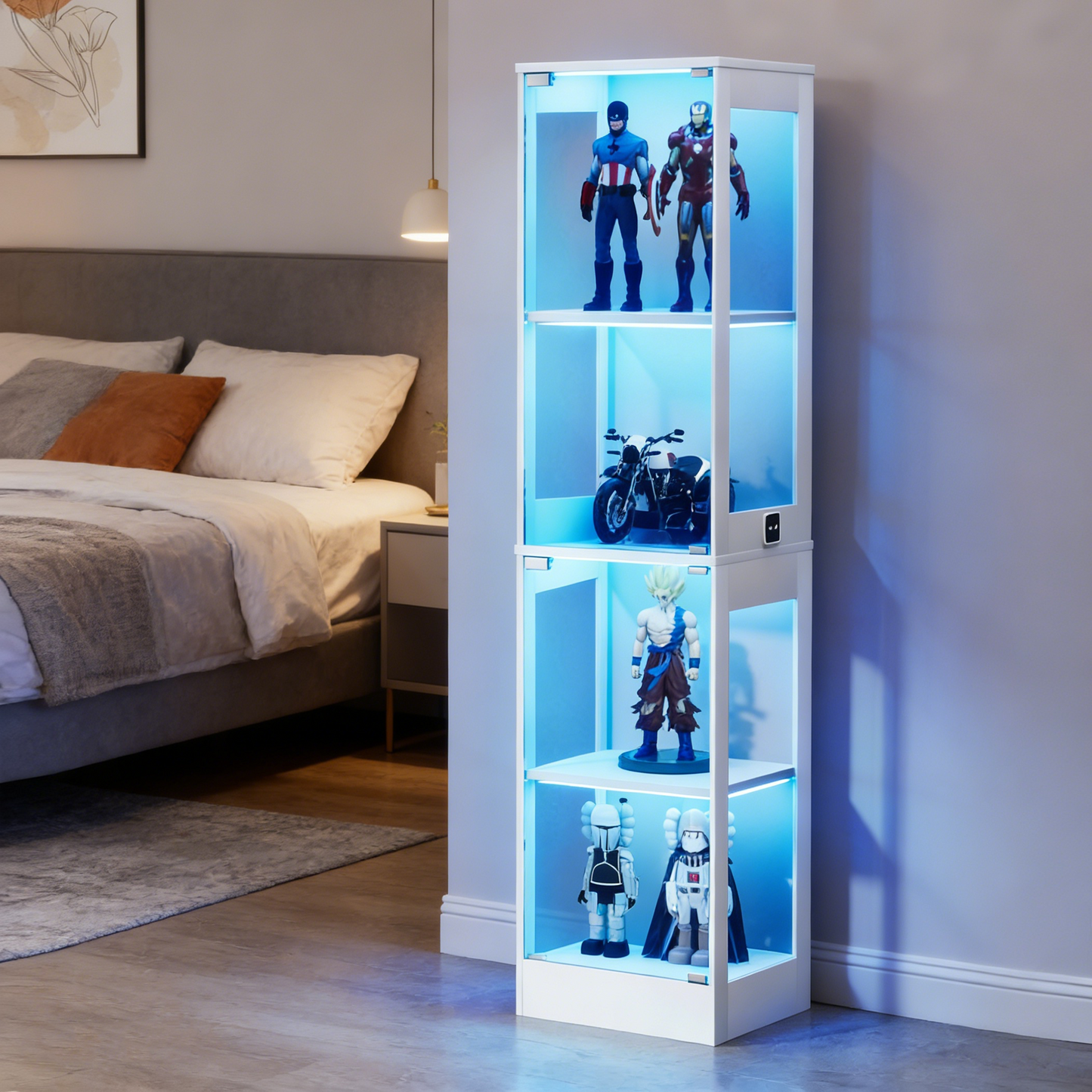 Four-storey Glass Display Case With Storage Space, LED Lighting, Glass Doors And Smart Sensors. Suitable As A Dustproof Glass Cabinet For Living Rooms, Bedrooms And Offices. White.40X35X165cm