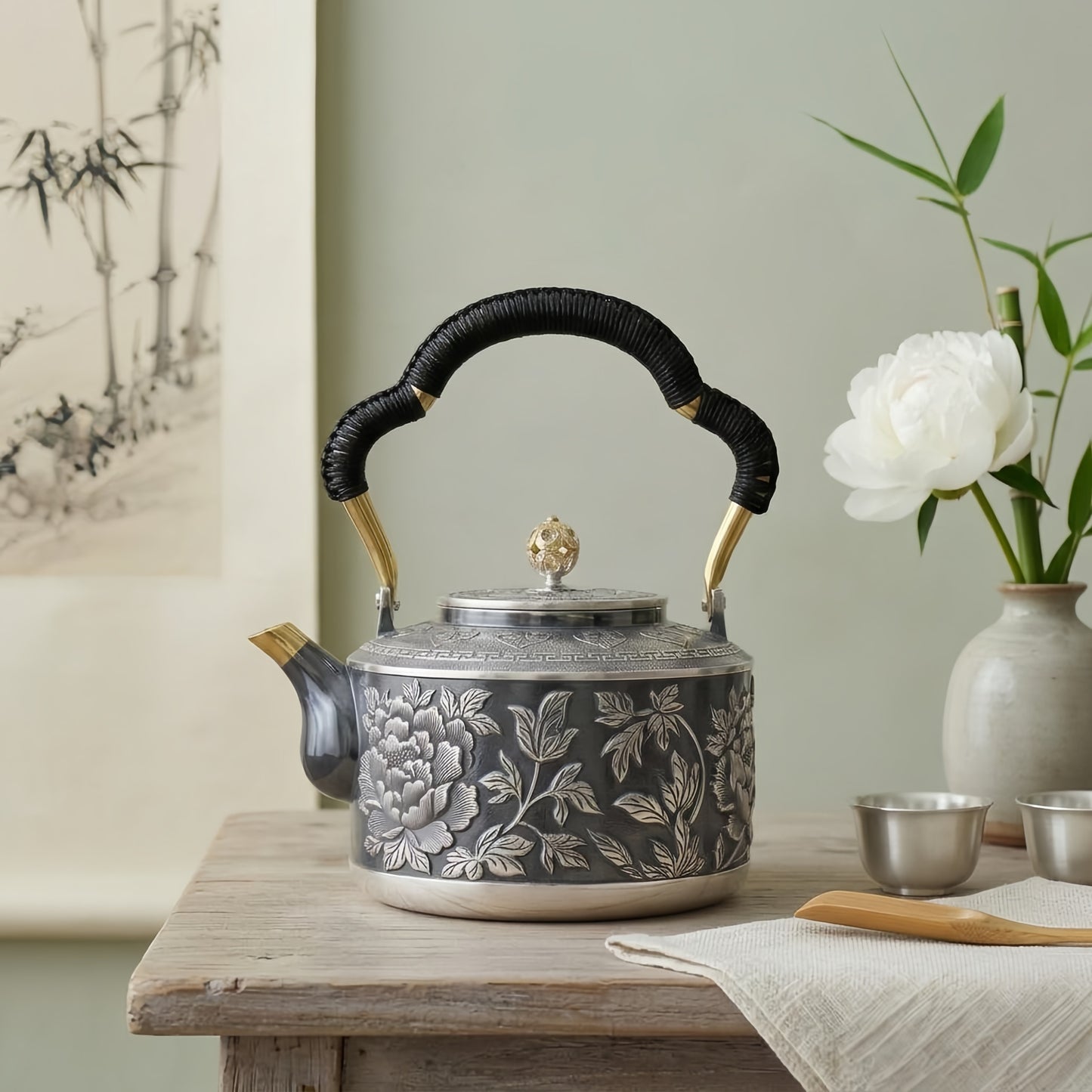 925 Sterling Silver Elegant Handcrafted Floral Embossed Stainless Steel Traditional Tea Kettle-Premium Oil Press Kettle - Handicraft
