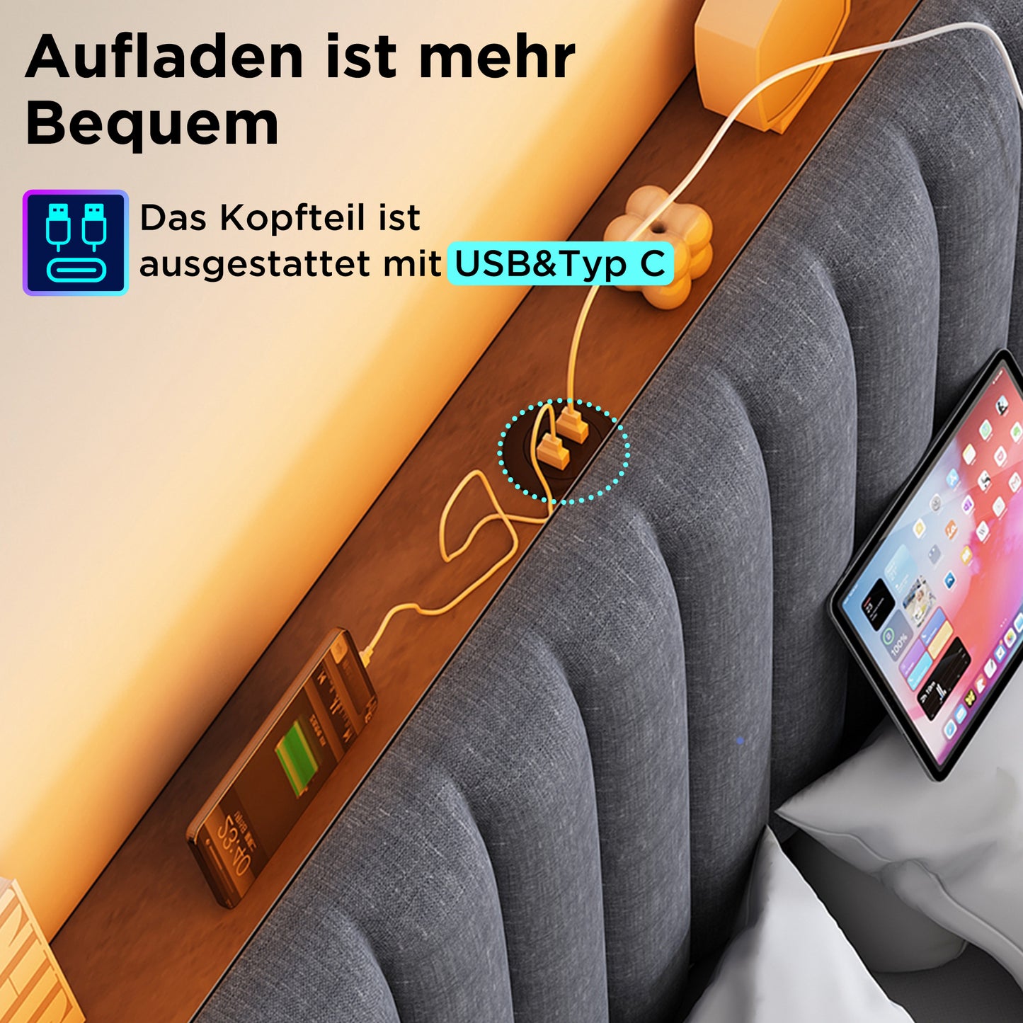 Upholstered Bed Storage Double Bed LED App-Control Bed With Charging USB Type C Charging Function, Storage Space & Adjustable Headboard, 140x200cm Wooden Slatted Frame, Grey Without Mattress