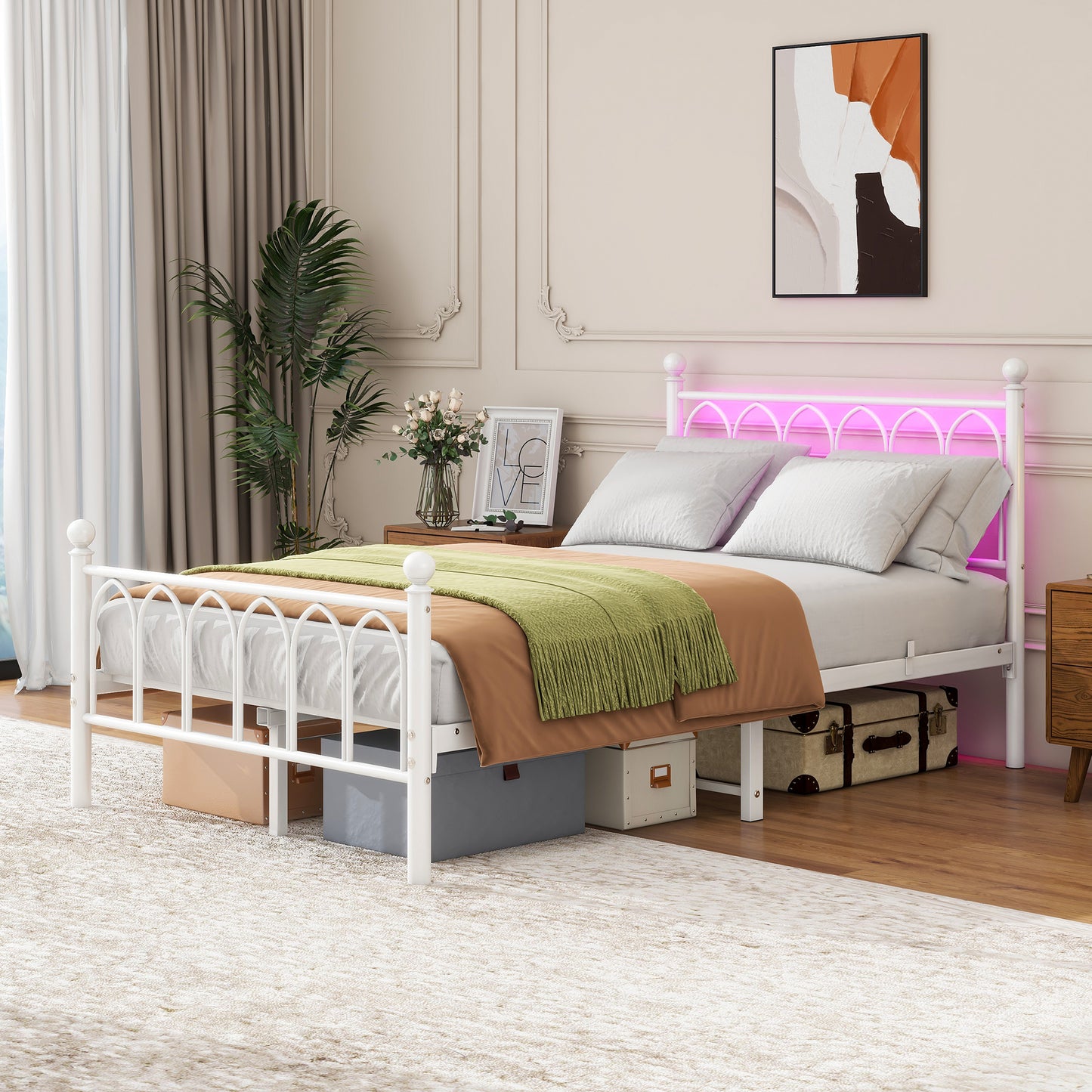 120x200cm Metal Bed Frame With Vintage Head And Footplate, USB Charging Dock, LED Bed Frame, Heavy Duty Steel Slat Support, Range Underbed Storage, No Box Spring Required, White