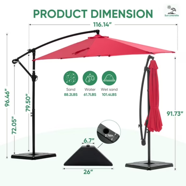 10ft Offset Hanging Outdoor Patio Umbrella With Base Stand Rotate And Tilt, 8 Ribs, UV Protection For Pool Garden Backyard Market, Red Shipment From Walmart