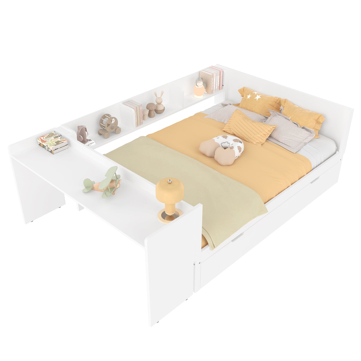 Flat Bed, Wooden Bed, 140x200cm, With Desk, With Rollaway Bed, Double Bed Without Mattress , With Shelves, Pine Chipboard, White