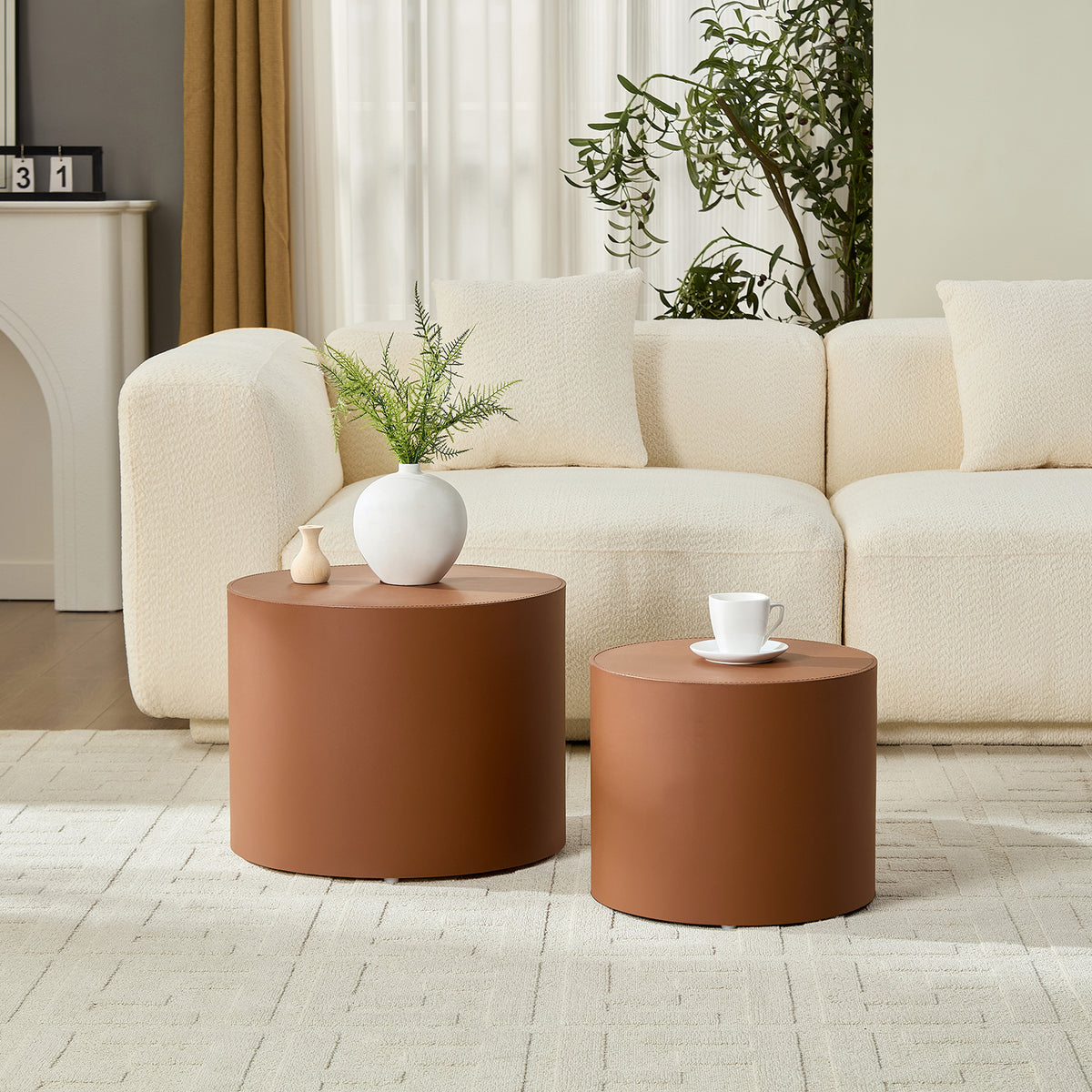 Modern Brown MDF Saddle Leather Table -Compact Sizes, Great For Living Room Decor & Daily Use
