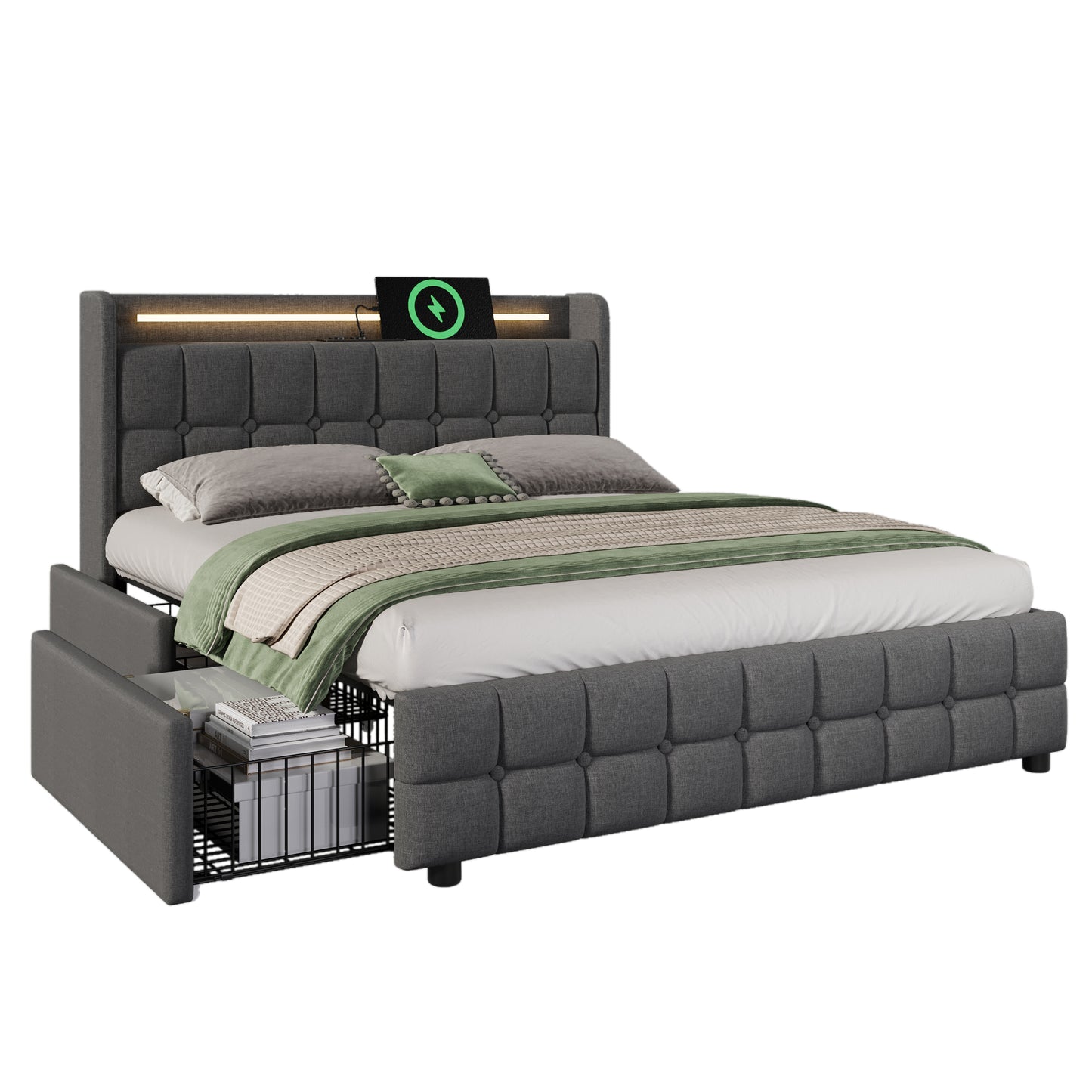 Upholstered Bed With Charging, USB Charging Function, Headboard And LED Lighting And 4 Drawers, Double Bed 140x200cm, Storage Beds, Bed Frame, Wooden Slatted Base, Grey Without Mattress