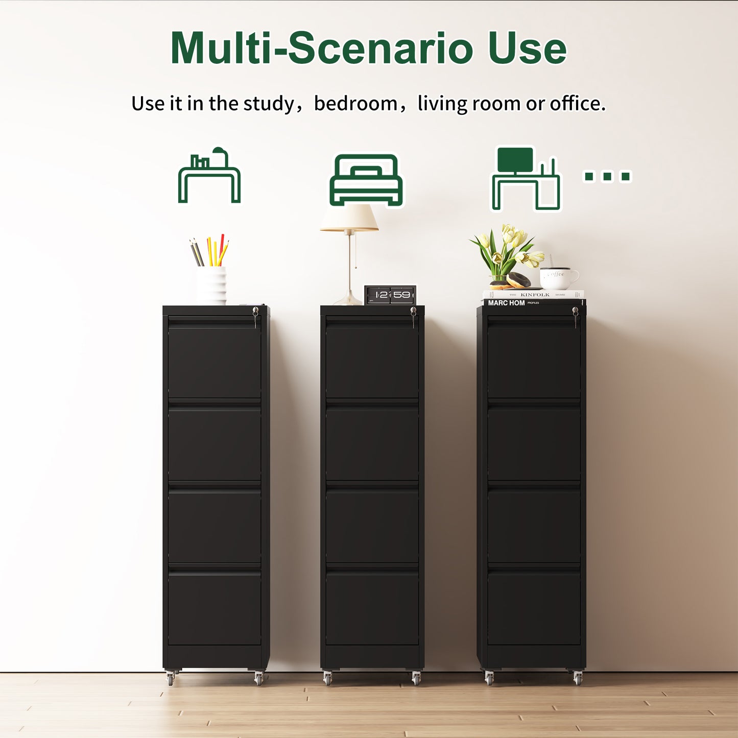 4 Drawer Metal Locking Vertical File Cabinet On Wheels -Heavy-Duty Lockable Cabinet For Home & Office, Black, 17.71 Dx15.16 Wx52.28 H,Black
