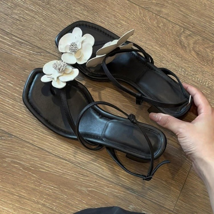 2026 Summer New Arrival, Fairy Style Floral Thong Low-Heel Sandals For Women, Square Toe Elegant Vacation Fashion Sandals