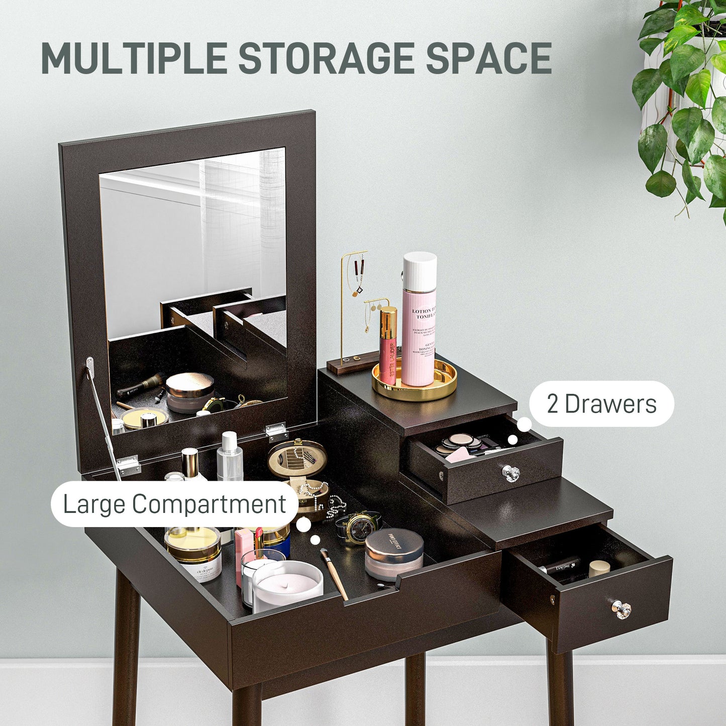 Dressing Table With Flip-up Mirror, Makeup Desk With 2 Drawers And Pine Wood Legs, Vanity Table Writing Desk For Bedroom Living Room, Black