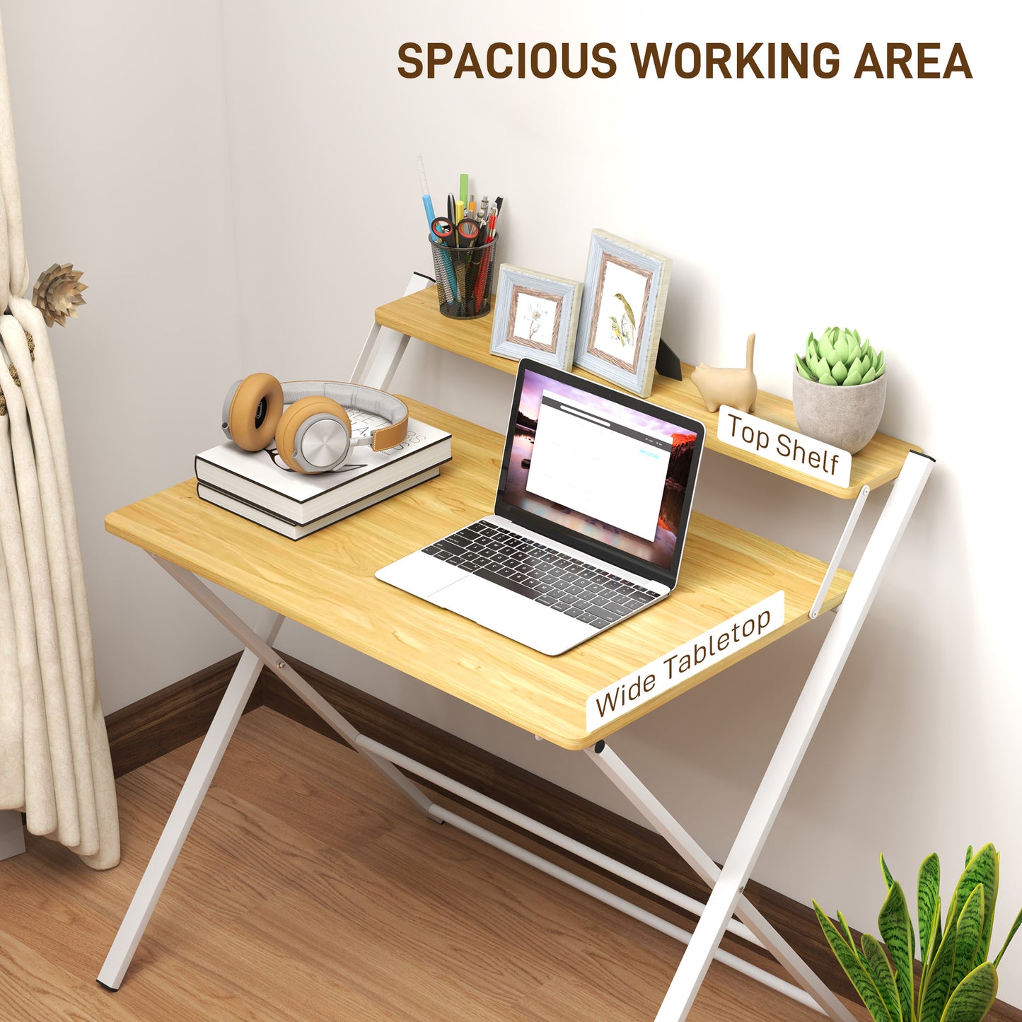 Compact Folding Desk For Small Spaces, Foldable Computer Desk With Storage Shelf For Home Office, 2-Tier Study Writing Table, 86 X 66 X 82 Cm, Maple Wood-effect