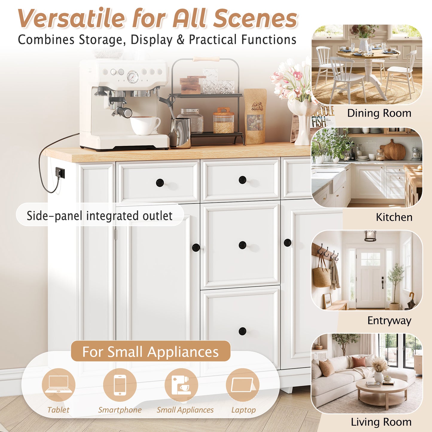 TREXM Sideboard Buffet Cabinet With Storage, Kitchen Console Table With 5 Drawers, 2 Cabinets, Adjustable Shelves, Buffet Server For Dining Room, Living Room, Entryway White