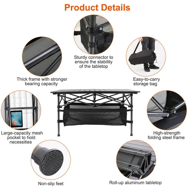 220 Lbs Folding Camping Table - 30-Second Tool-Free Setup, Aluminum Roll-Top & Steel Frame, Detachable Mesh Basket, Portable Outdoor Picnic&BBQ&Beach Table With Carry Bag