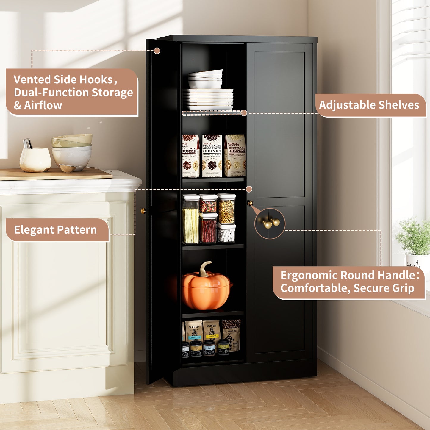 61 Black Metal Kitchen Pantry Cabinet Adjustable Storage With 4 Shelves 110lb Capacity , Heavy Duty Freestanding Pantry Organizer For Kitchen, Pantry, Living Room