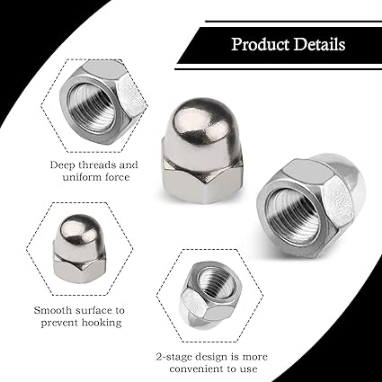 124-Piece Set Of Stainless Steel Cap Nuts (Dome-Head Hex Nuts) With Transparent Storage Box—Accessories For Furniture, Bicycles, Woodworking, And Industrial Machinery—M4, M5, M6, M8, M10