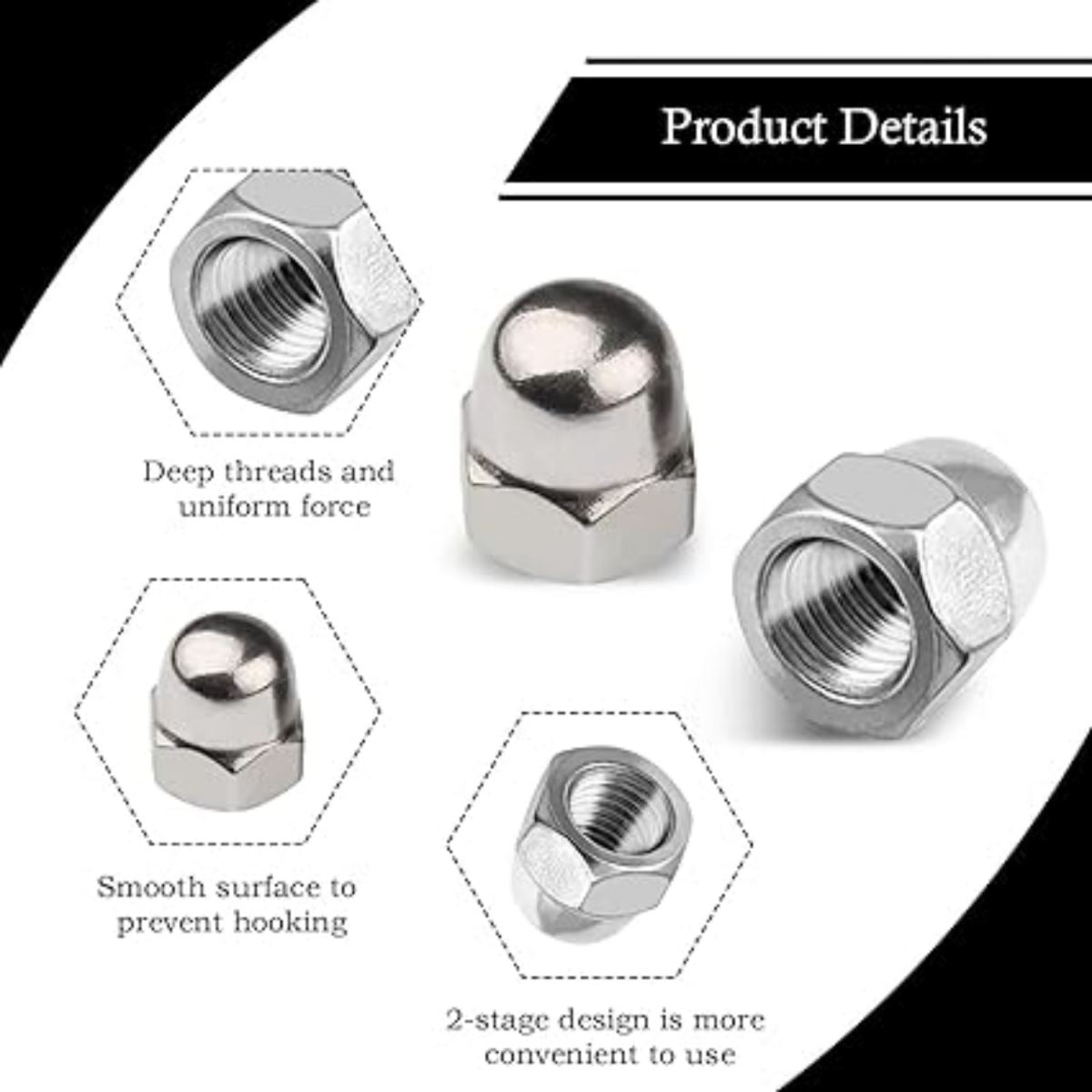 124-Piece Set Of Stainless Steel Cap Nuts (Dome-Head Hex Nuts) With Transparent Storage Box—Accessories For Furniture, Bicycles, Woodworking, And Industrial Machinery—M4, M5, M6, M8, M10