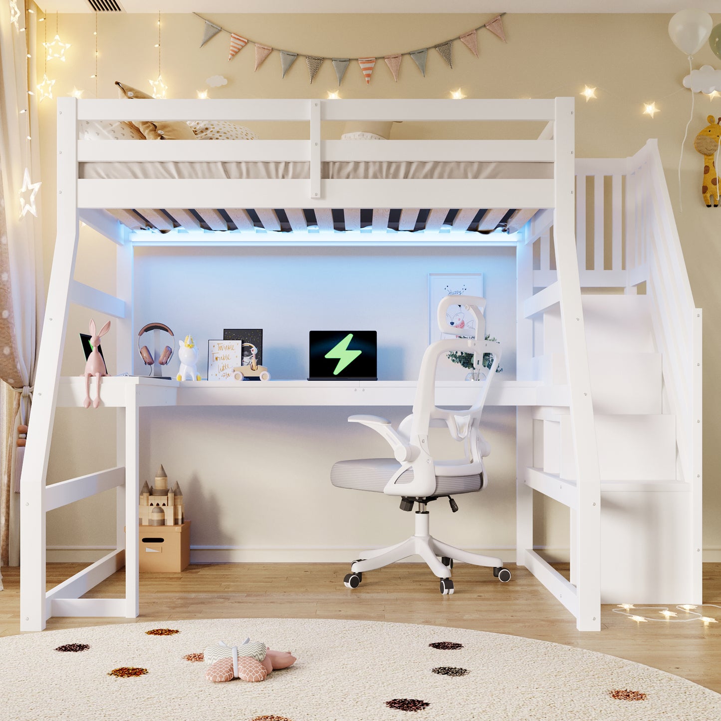 90x200 Wooden Loft Bed With Desk, LED Lighting, USB Port And Staircase With Storage, White