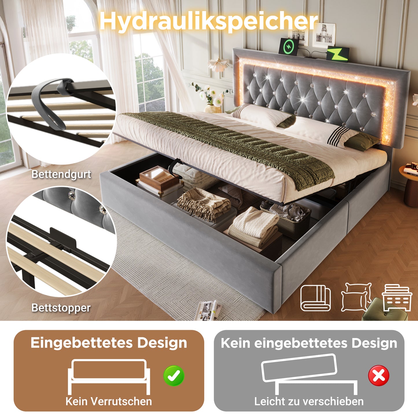 Upholstered Bed 160x200 Cm Velvet Double Bed With LED Diamond Band In The Headboard, USB & Type-C Charging Station, Hydraulic Bed Base, Youth Bed With Storage And Slatted Base, Grey Without Mattress