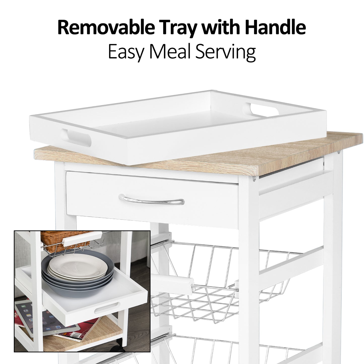 Mobile Rolling Kitchen Island Trolley For Home W Metal Baskets Trays Shelves Wheels Compact Stylish Storage White