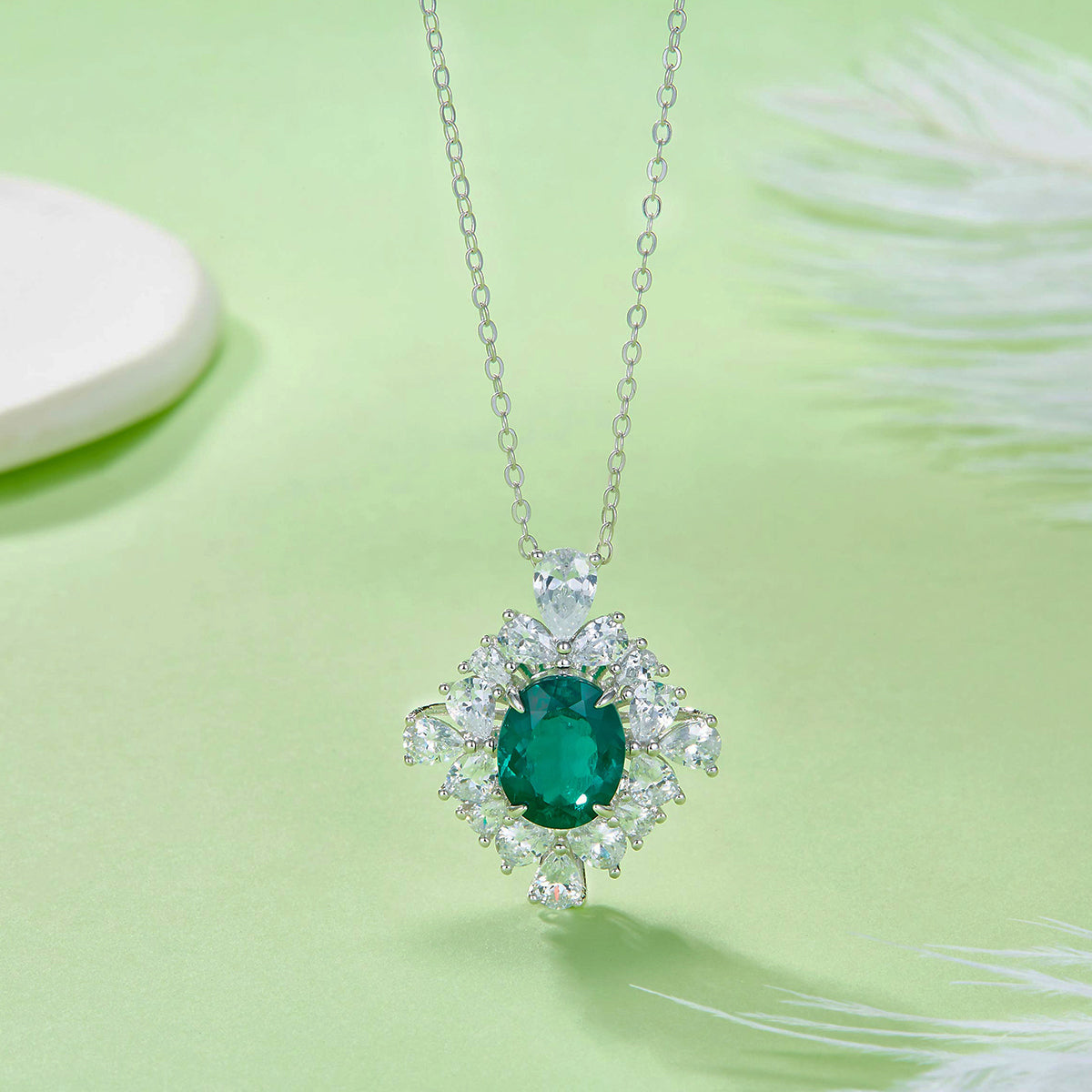 S925 Sterling Silver Floral Halo Pendant Necklace, 10x8mm Lab-Grown Ruby Sapphire Emerald, Platinum Plated 45cm Chain, 5g Gift Box