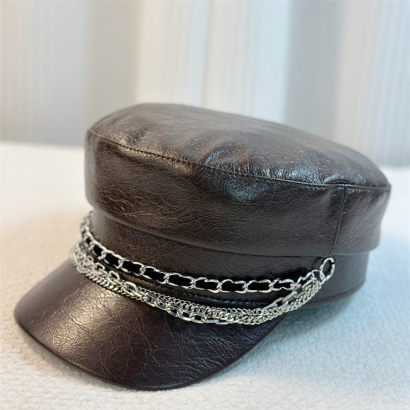 Women's PU Leather Multi-layer Chain Decorated Trendy Style Flat-top Newsboy Hat, Suitable For Daily Commuting, Parties, Gatherings And Outdoor Outings.