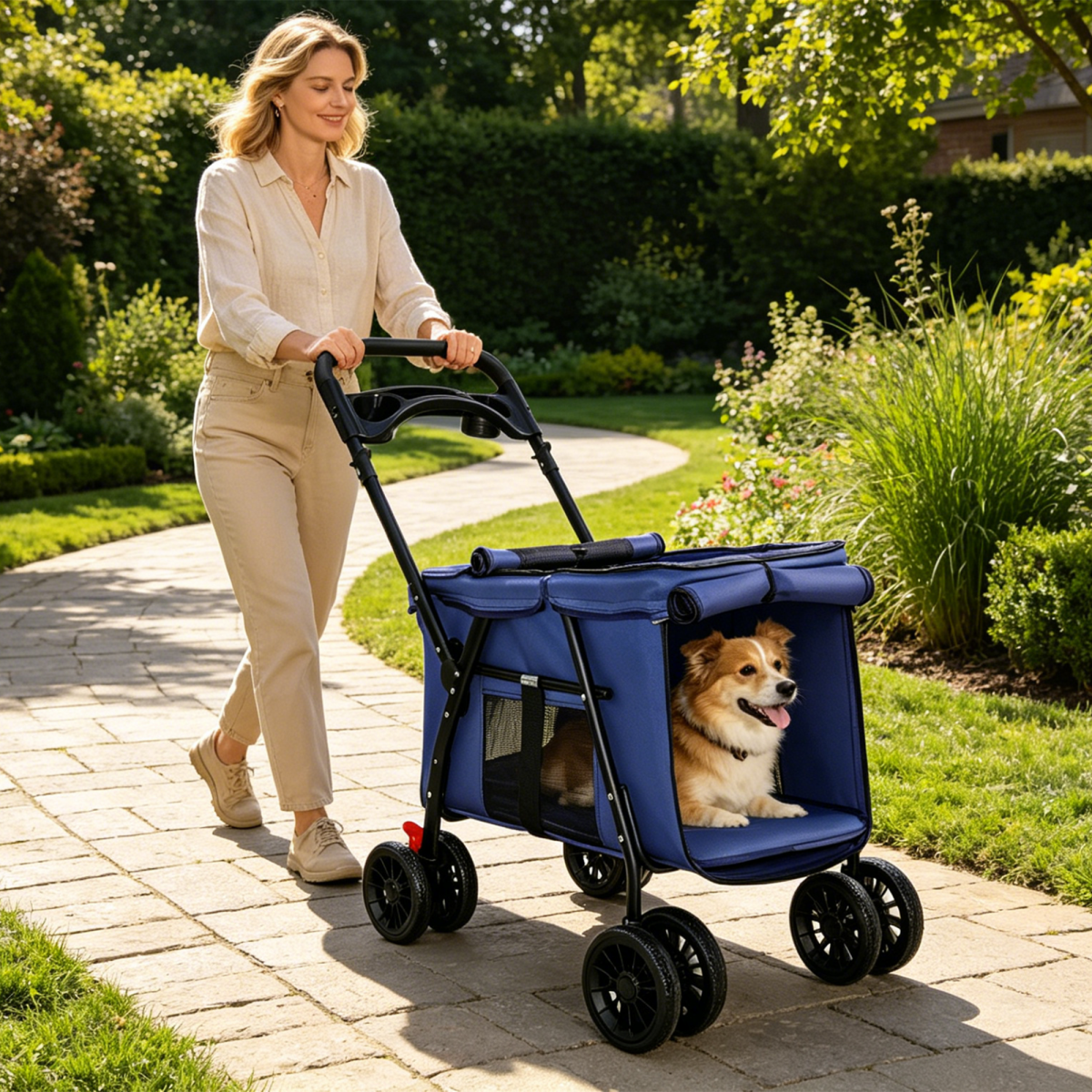 Pet Stroller, Foldable 4-Wheel Design, Breathable Mesh Dog Cat Stroller with Shockproof Wheels, Brake System, Storage Tray, 2 Fixed Safety Leashes, Large Space for Small Medium Pets, Navy Blue
