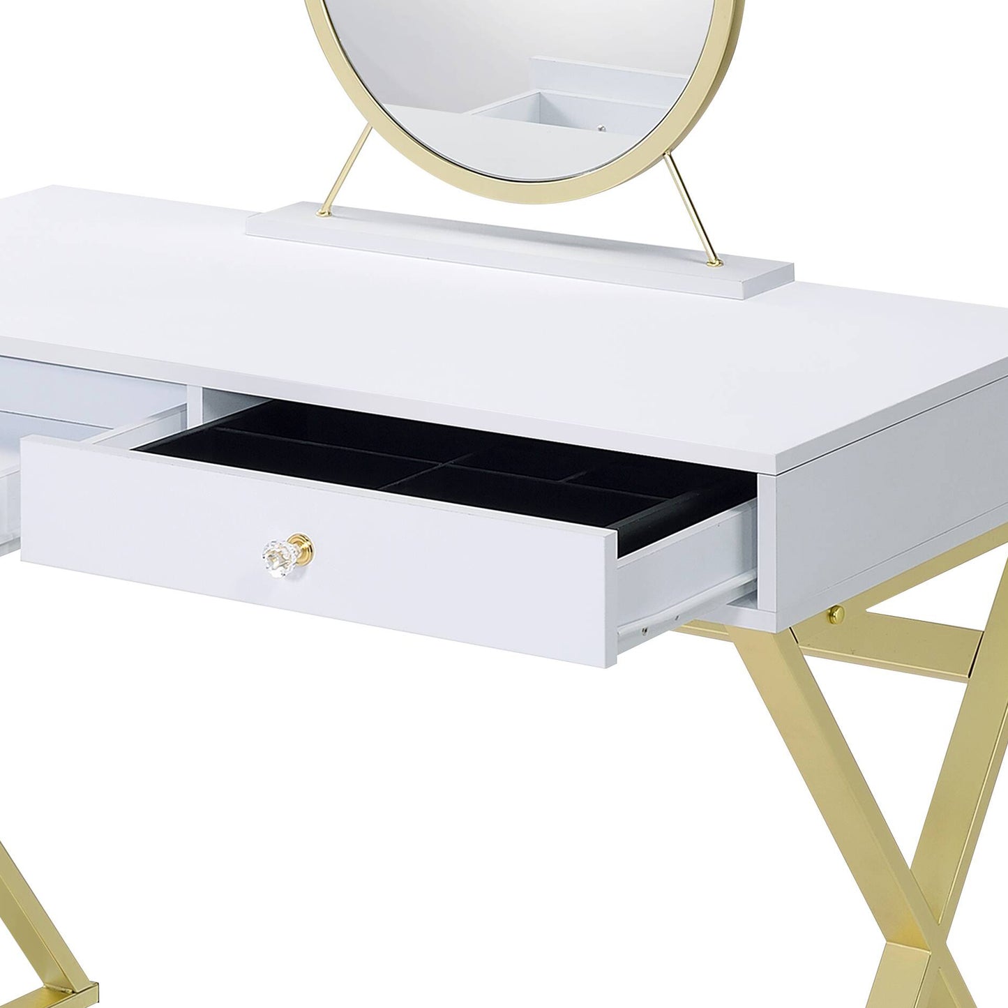 Coleen White & Gold Finish Vanity Desk W Mirror & Jewelry Tray