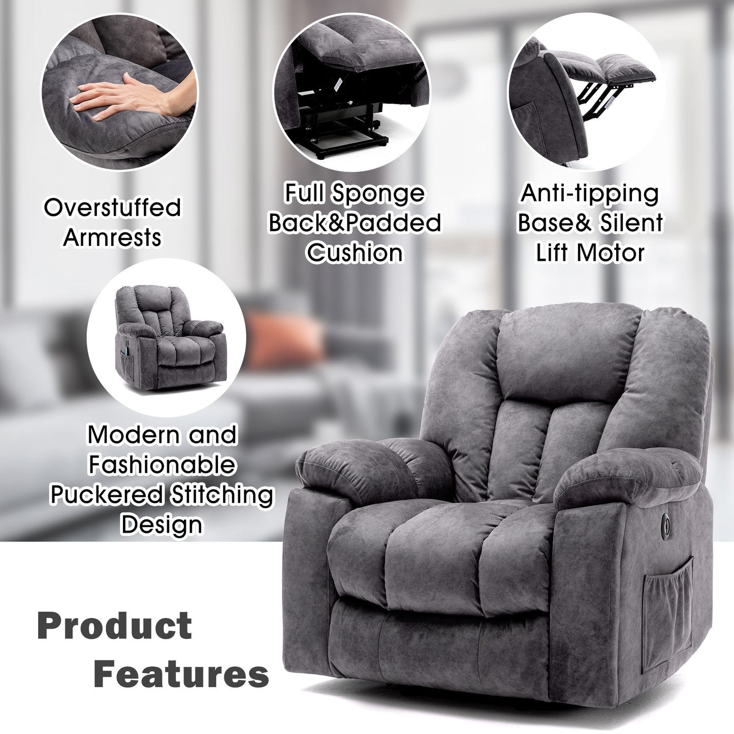 Pictures Change Power Massage Lift Recliner Chair With Heat Vibration For Elderly, Heavy Duty And Safety Motion Reclining Mechanism - Antiskid Fabric Sofa Contempoary Overstuffed Design