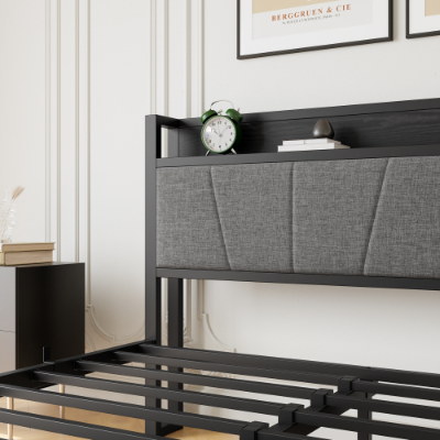 Queen Size Bed Frame, Storage Headboard With Charging Station, Solid And Stable, No Box Spring Needed, Easy Assembly