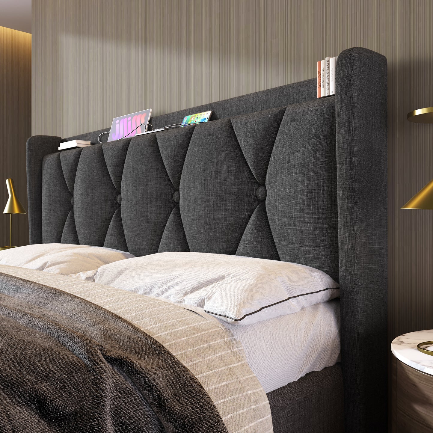 Upholstered Bed With Charging, USB Charging Function, Headboard And 4 Drawers, Double Bed 160x200cm, Storage Beds, Bed Frame, Wooden Slatted Base, Grey Without Mattress
