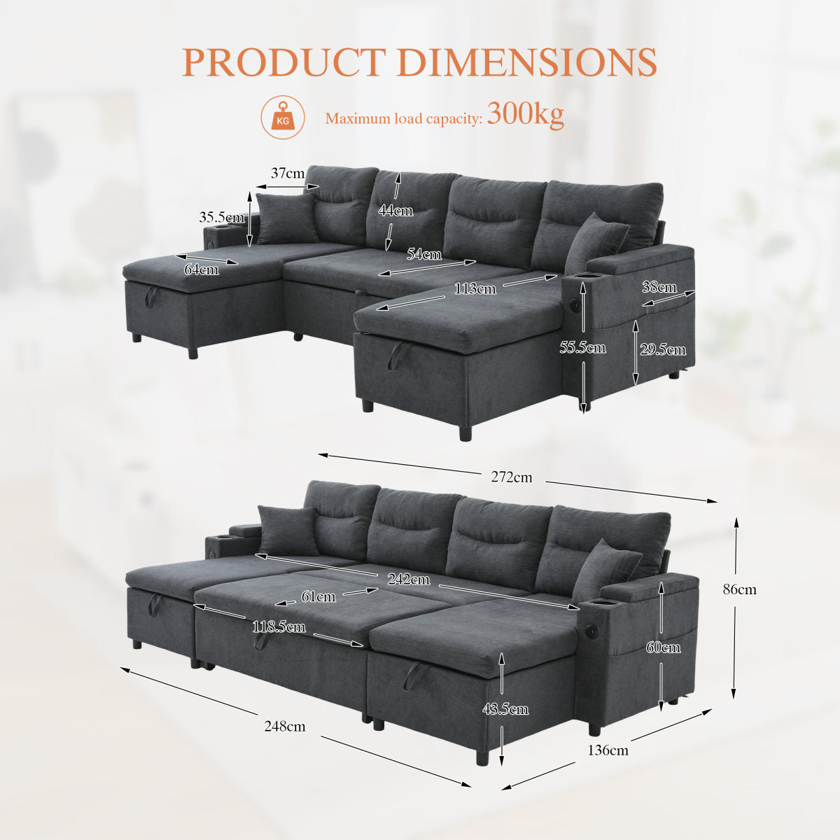 Contemporary 4-seater Corduroy Sofa With Dual Chaise Lounges, Hidden Storage, Built-in Cup Holders, USB Ports And Handy Pull-out Bed The Perfect Centrepiece For Your Lounge.Charcoal Grey