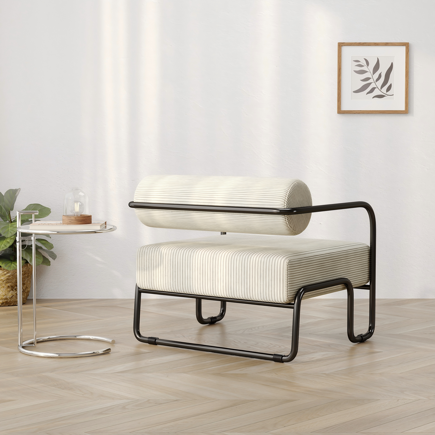 Modern Leather Armchair With Stylish Backrest 68.5x73x70.5CM - Covering In Soft Corduroy Black Metal Frame. Minimalist Design For Living Room, Bedroom Or Office