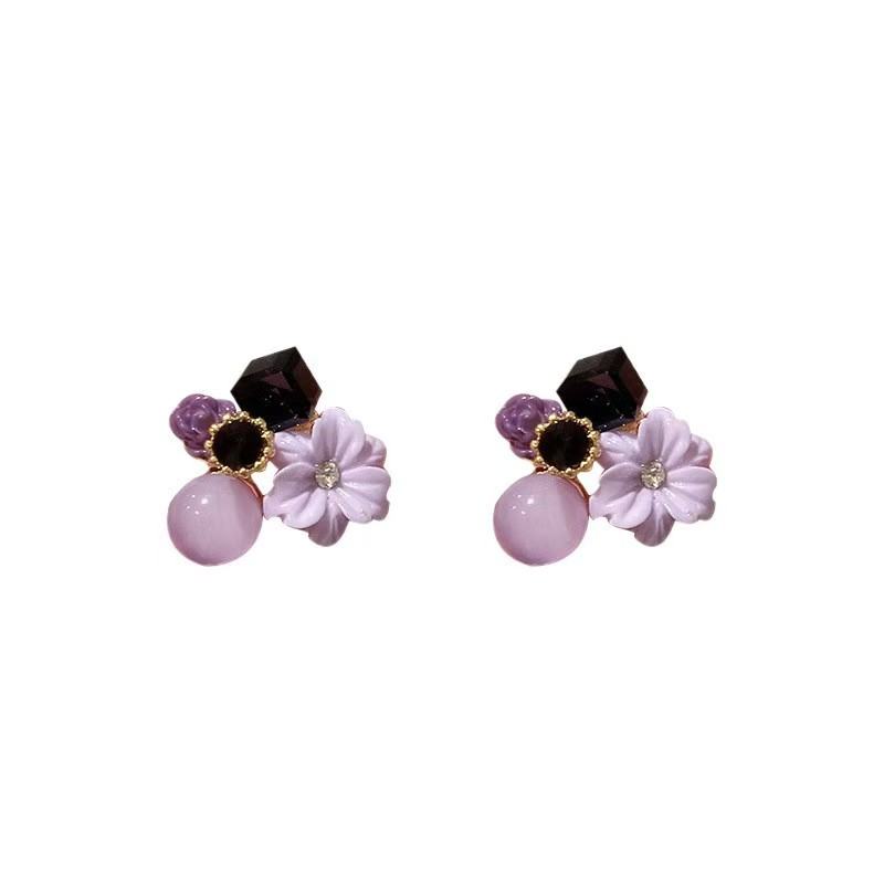 Korean Elegant Crystal Earrings For Women Purple Flower Rhinestone Premium Versatile